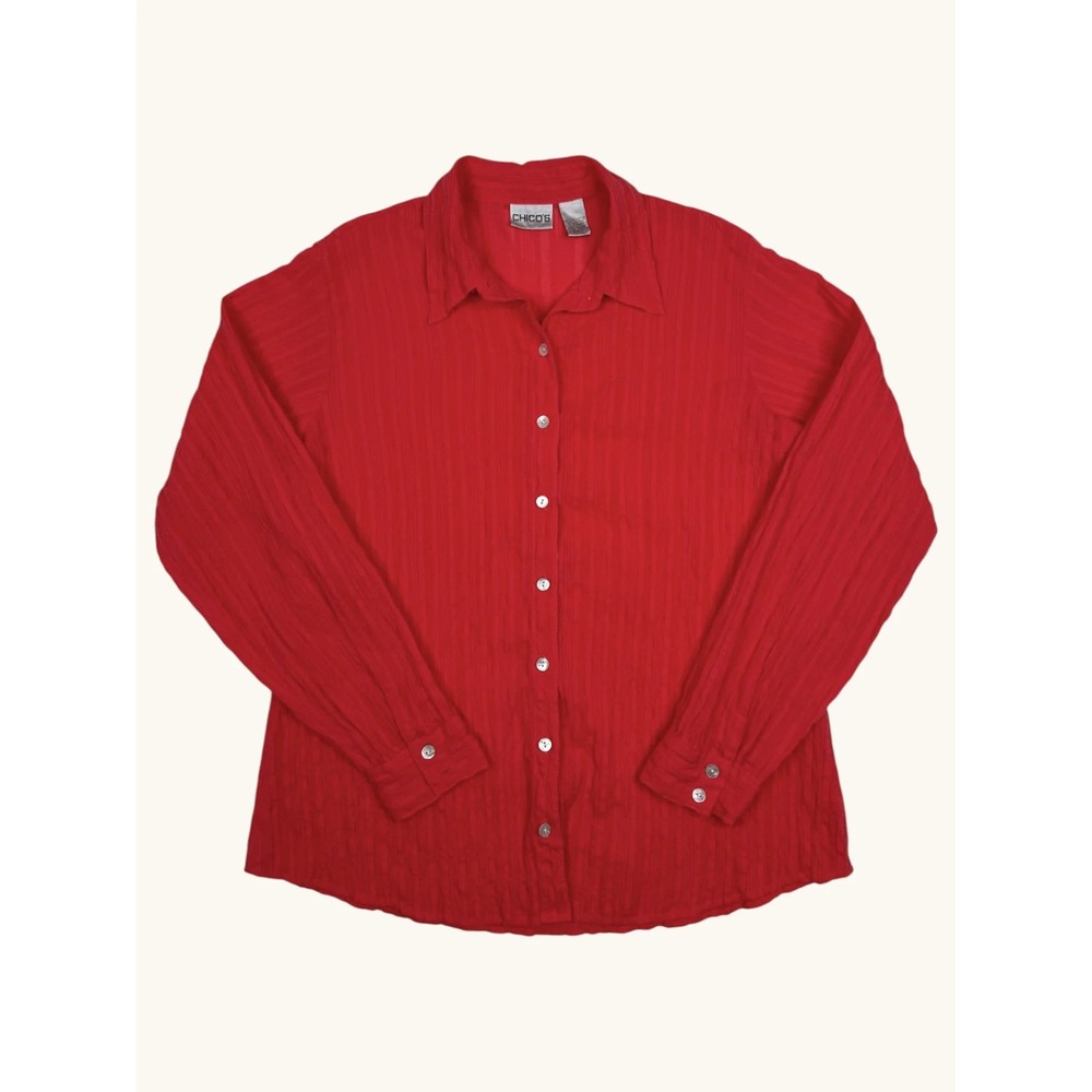 Chico's Red Crinkle Texture Button Front Blouse Shirt Size 0 Small Long Sleeve